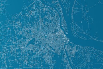 Wall Mural - Map of the streets of Phnom Penh (Cambodia) made with white lines on blue background. 3d render, illustration