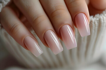 Sticker - Closeup to woman hands with elegant neutral colors manicure. Beautiful pale pink gel polish manicure on long square nails on neutral gray background