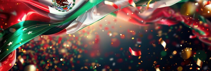 Wall Mural - Mexico Independence Day. Horizontal banner. Mexico flag with fireworks in the background, bokeh effect. Free space for text, copy space. Banner, Poster, Greeting Card