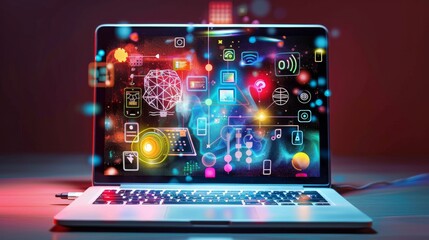 Canvas Print - laptop with colorful digital icons and glowing lights.