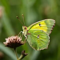 Poster - A yellow and green butterfly with black spots perched on a bright pink flower. The background shows green leaves.