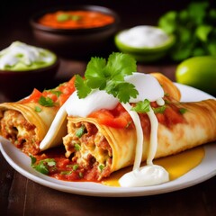 Close-up of mouthwatering enchiladas smothered in rich sauce and melted cheese, garnished with fresh herbs.