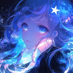 Wall Mural - Anime Girl with Starry Eyes and Hair.