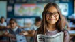 © Iryna - Smiling teenage girl holding a school newspaper in a classroom