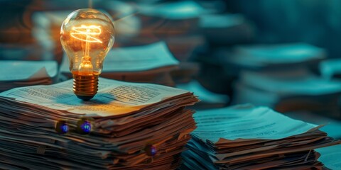 Fototapete - A stack of papers with a single glowing page on top, highlighting the breakthrough idea or concept that stands out from the rest