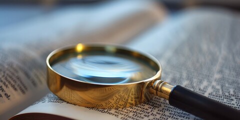 Fototapete - A magnifying glass focusing on a single word in a book, highlighting the importance of clarity and precision in conceptual thinking