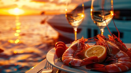 Wonderful Grilled meat on plate wineglass and picnic by the coastline