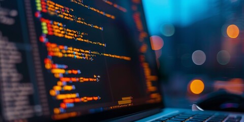 Wall Mural - programmer focused on coding on a computer screen, surrounded by code, representing software develop
