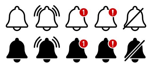 Notification bell icon set, alert icon for incoming inbox message, ringing bell and notification number sign for alert and alarm