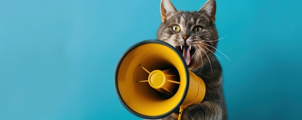 Wall Mural - A cat is holding a microphone and making a loud noise. Free copy space for text.