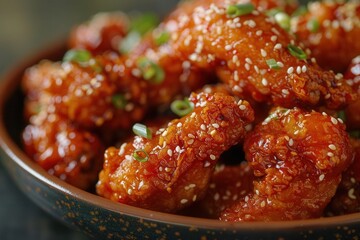 Golden Korean fried chicken with sesame, appetizing and crispy, close-up, well-lit, detailed texture