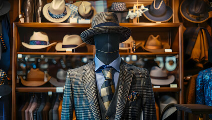 Mannequin dressed in a stylish suit with a hat, in a vibrant hat shop with various hats on display.