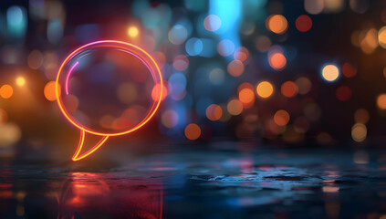 Neon speech bubble symbol with bokeh background, representing communication and conversation in a vibrant, digitally-illuminated urban setting.