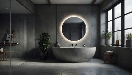 Poster - Contemporary D grey concrete bathroom with round mirror and shower