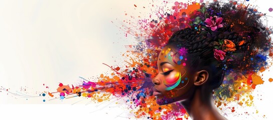 Wall Mural - A beautiful African woman with colorful paint splashes and flowers in her hair, side profile