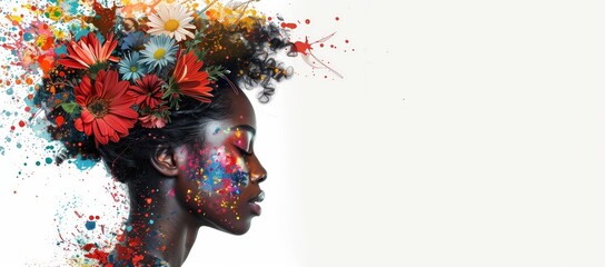 A beautiful African woman with colorful paint splashes and flowers in her hair, side profile