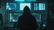 © Felix - A hooded hacker is shown working in a dimly lit setting, surrounded by numerous computer monitors filled with complex code and data, indicating an active cyber operation.