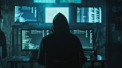 a hooded hacker is shown working in a dimly lit setting, surrounded by numerous computer monitors fi