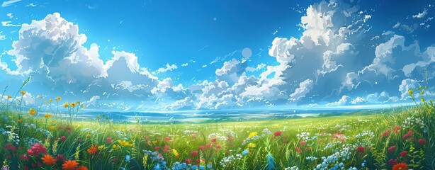 Wall Mural - A beautiful anime background of a field with grass and flowers, blue sky with white clouds