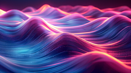 Wall Mural - Vibrant sinuous neon light lines in shimmering shades of blue and pink illuminate a dark enigmatic digital environment