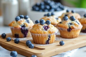 Homemade blueberry muffins sprinkled with sugar on a bamboo board, with ingredients in background