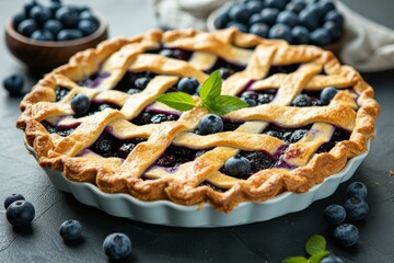 Poster - Homemade blueberry pie with lattice crust, garnished with fresh berries and mint leaves