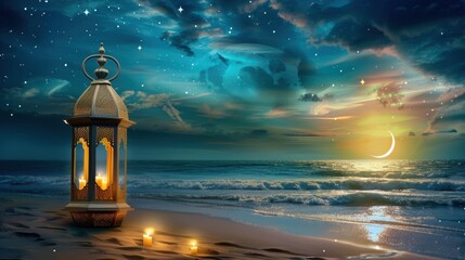 Ramadan greeting poster with beautiful lantern lamp on the beach and crescent moon in the night sky.