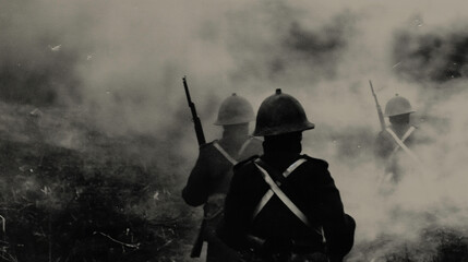 Wall Mural - French soldiers wearing adrian helmets are advancing in world war one battlefield