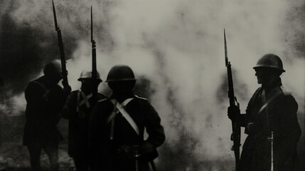 Wall Mural - Group of soldiers standing in battlefield during world war i