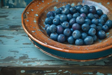 Wall Mural - Close-up of juicy blueberries in a decorative bowl on a wooden surface with vintage vibes