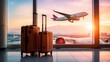 © CraftyStarVisual - Airport sunset scene on blurry airplane flying away background, with yellow luggage nearby and a bright window revealing the busy bustling terminal, travel concept idea, suitcases, poster, banner