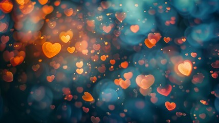 Wall Mural - A beautifully composed abstract image with vibrant colors of heart-shaped bokeh light reminiscent of city lights. For Christmas, Birthday, anniversary party celebration wallpaper with copyspace.