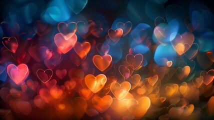 Wall Mural - A beautifully composed abstract image with vibrant colors of heart-shaped bokeh light reminiscent of city lights. For Christmas, Birthday, anniversary party celebration wallpaper with copyspace.