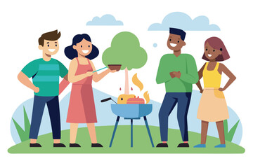 Wall Mural - Group of friends enjoying a summer barbecue in the park, sharing laughter and delicious food, creating happy memories outdoors.