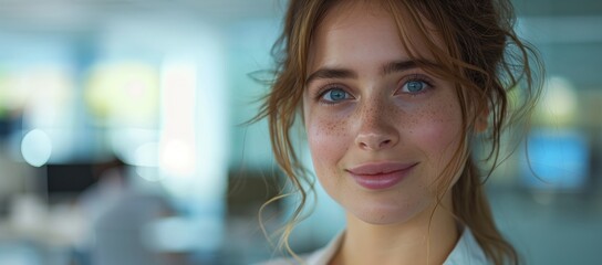 Wall Mural - Editorial eye level waist-up shot of an attractive woman with casual smiling in the office, blurred background, realistic skin