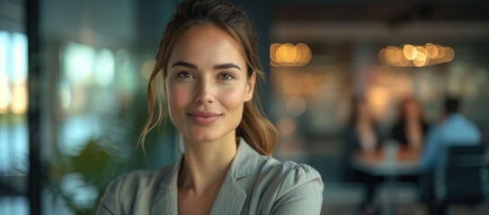 Wall Mural - Editorial eye level waist-up shot of a woman business employee in her office with her team behind