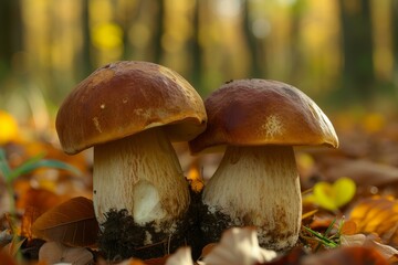 Canvas Print - Two mushrooms emerge among fallen leaves in the warm glow of an autumn forest