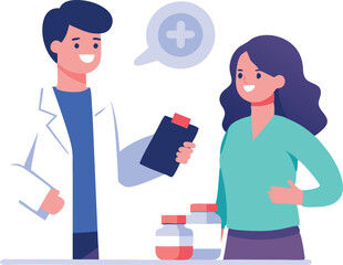 Illustration of a pharmacist providing a consultation to a smiling patient about medication, emphasizing healthcare and wellness in a modern, friendly setting.