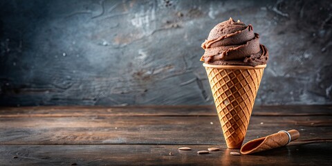 Canvas Print - Creamy chocolate ice cream in a cone, chocolate, ice cream, creamy, dessert, sweet, delicious, treat, cold, cone