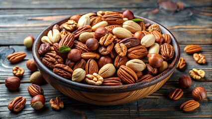 Poster - A variety of nuts, including almonds, walnuts, and pecans, displayed in a decorative bowl , nuts, bowl, mixed, assortment, almonds