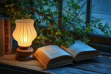 Poster - Open book lies under the warm light of a table lamp by a window, enveloped by plants