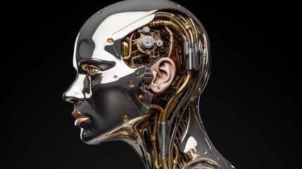 Poster - Metallic humanoid head with AI brain representation