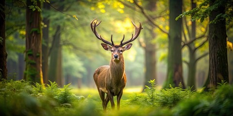 Poster - Majestic deer standing elegantly in a lush green forest, wildlife, nature, animal, forest, mammal, graceful, antlers