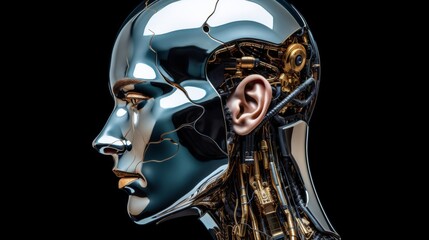Poster - Metallic humanoid head with AI brain representation