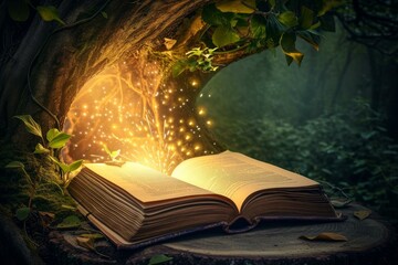 Canvas Print - Open book surrounded by nature emits a mystical glow under a tree, symbolizing magic and fantasy