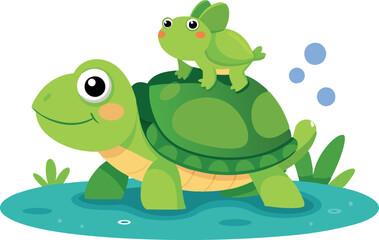 Sticker - Illustration of a cute cartoon turtle with a frog on its back in a serene pond setting.