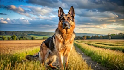 Poster - German Shepherd dog standing in front of a field with a dignified expression, canine, pet, loyal, intelligent, fur, furry, breed