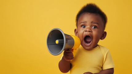 Funny black newborn boy shouting into megaphone with shocked facial expression on yellow studio background with copy space, announcing amazing news or surprising offer