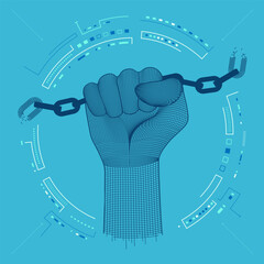 Wall Mural - concept of technology revolution, graphic of wireframe fist with breaking chain