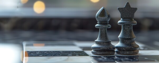 Wall Mural - Two black chess pieces on a chess board with a blur effect background